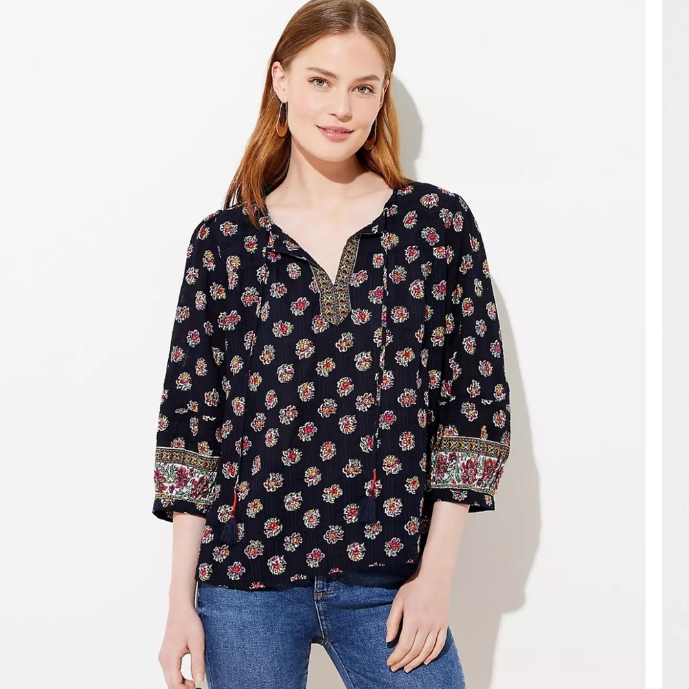 Loft Navy Blue Bloom Floral Split Neck Textured Cotton 3/4 Sleeve Blouse